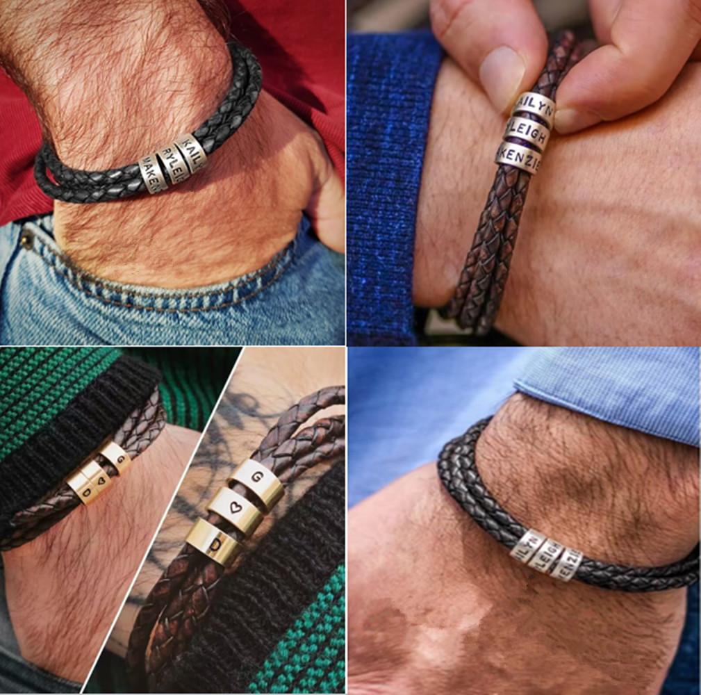 Classic Luxury Custom Men's Leather Bracelet with Custom Silver Beads Engraved with 1-10 Names - immagine 9