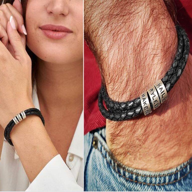 Classic Luxury Custom Men's Leather Bracelet with Custom Silver Beads Engraved with 1-10 Names - immagine 8
