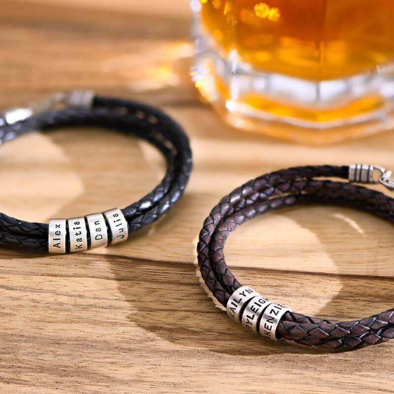 Classic Luxury Custom Men's Leather Bracelet with Custom Silver Beads Engraved with 1-10 Names - immagine 5