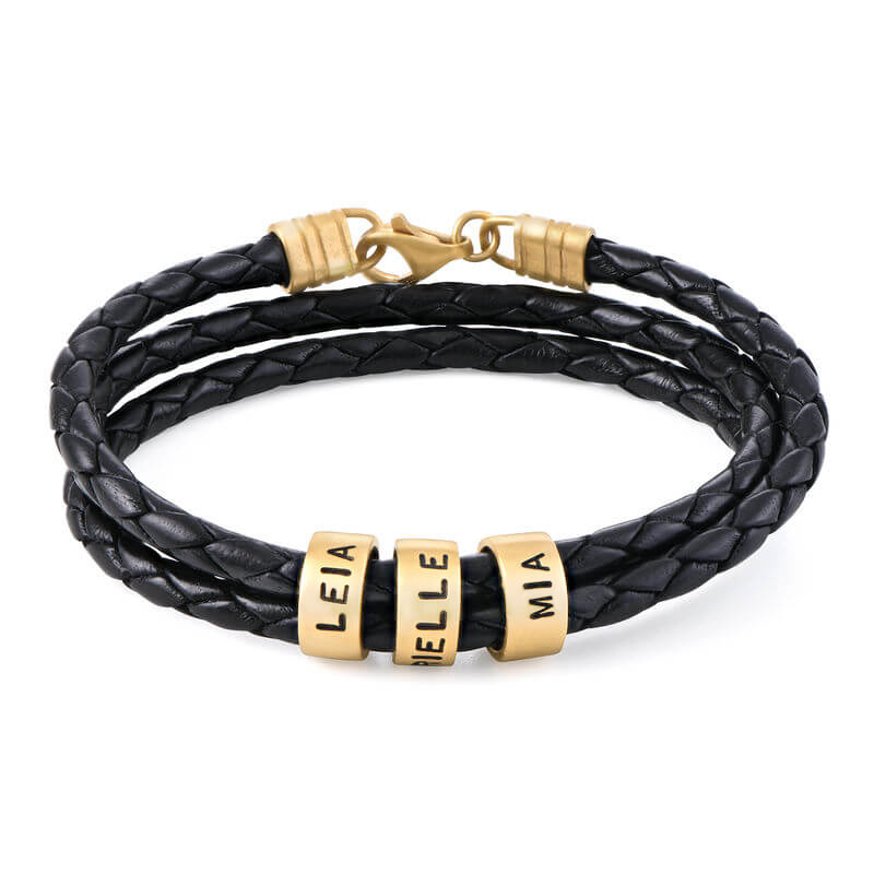 Classic Luxury Custom Men's Leather Bracelet with Custom Silver Beads Engraved with 1-10 Names - immagine 3