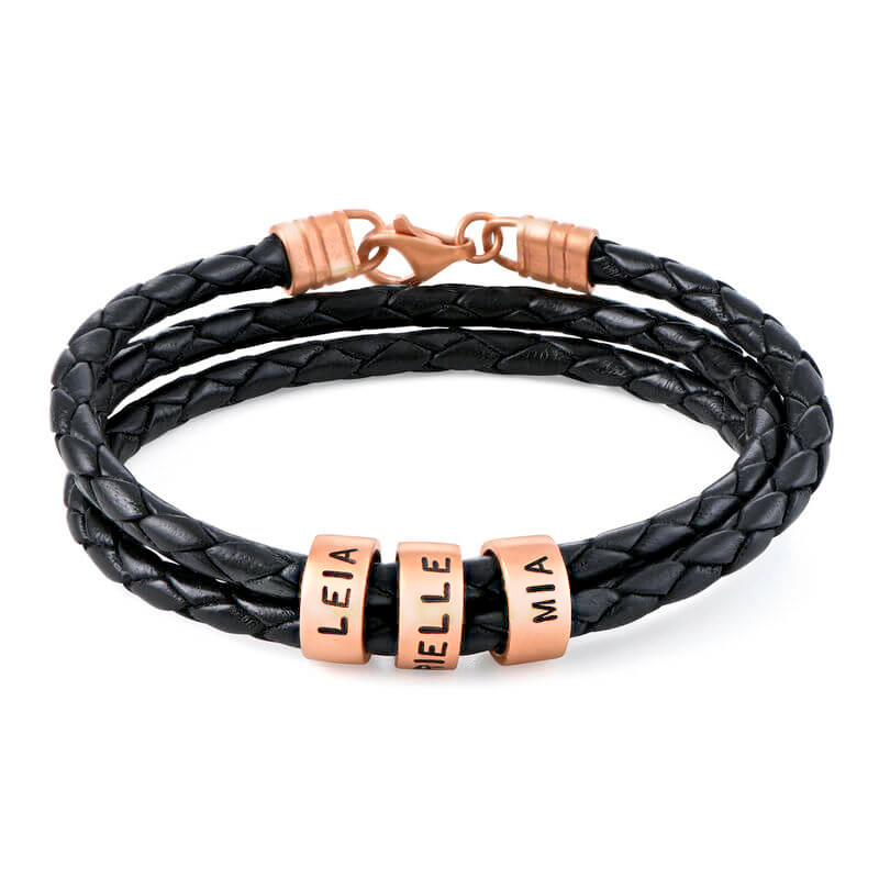 Classic Luxury Custom Men's Leather Bracelet with Custom Silver Beads Engraved with 1-10 Names - immagine 4
