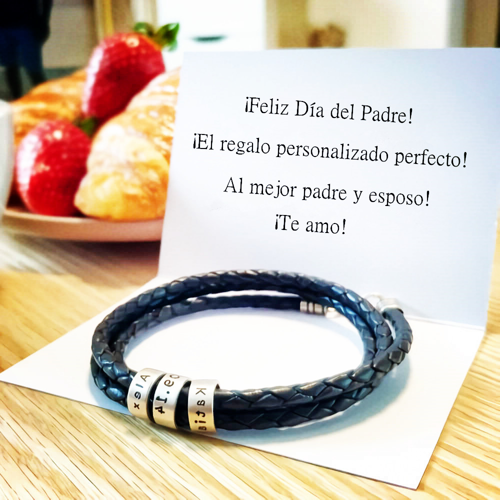 Classic Luxury Custom Men's Leather Bracelet with Custom Silver Beads Engraved with 1-10 Names - immagine 7