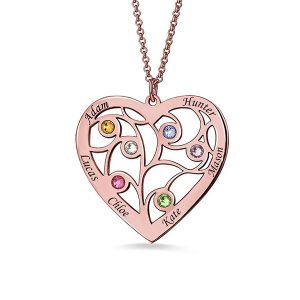 Collana albero genealogico a cuore con pietre di nascita placcate oro rosa