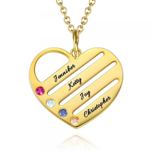 Birthstone Heart Necklace with Engraved Names - Gold Plated