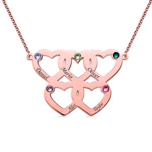 Engraved Five Hearts Necklace With Birthstones In Rose Gold