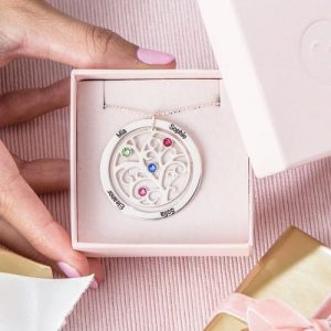 Collana Birthstone dell'albero genealogico in argento sterling