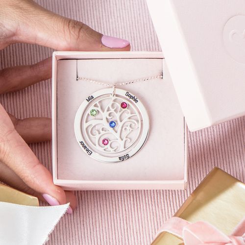 Collana Birthstone dell'albero genealogico in argento sterling
