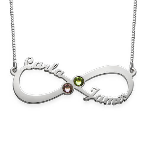 Collana personalizzata Birthstone Infinity 2 nomi in oro