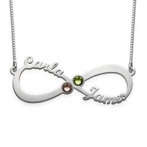 Collana personalizzata con pietre preziose Infinity 2 nomi in oro rosa
