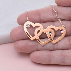 Intertwined Hearts Necklace with Birthstones - Rose Gold Plated