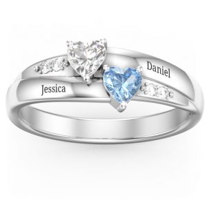 Anello gemma doppio cuore con accenti