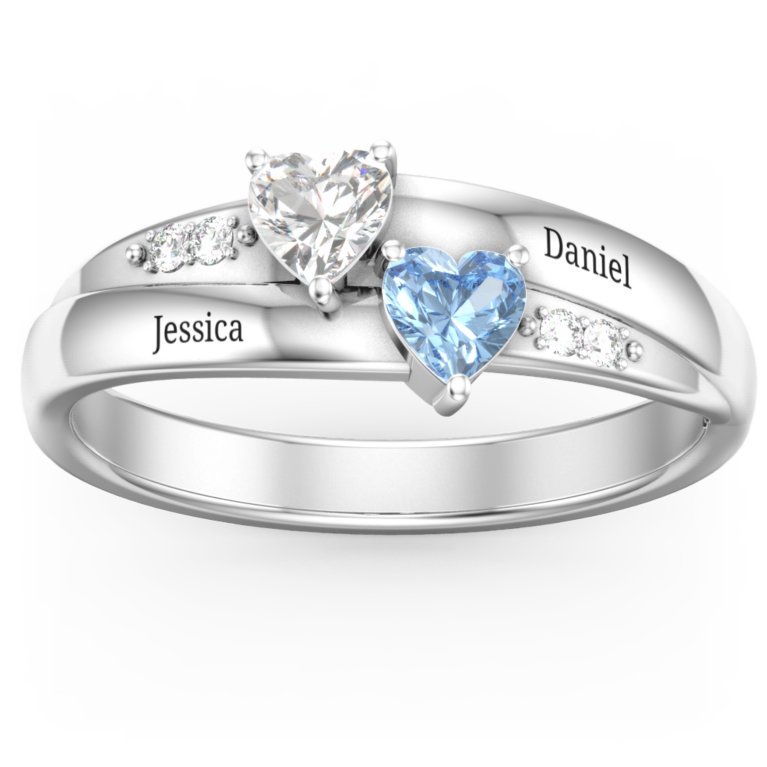 Anello gemma doppio cuore con accenti