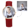 Montre photo en or rose pour femme, bracelet en cuir rouge