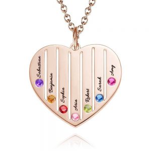 Collana con incisione a cuore e regalo personalizzato della famiglia Birthstone placcato in oro rosa
