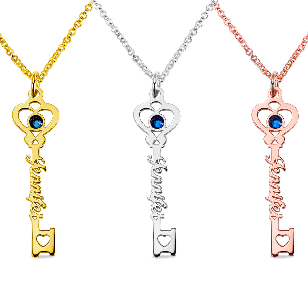 Personalized Key to True Love Birthstone Name Necklace - Image 2