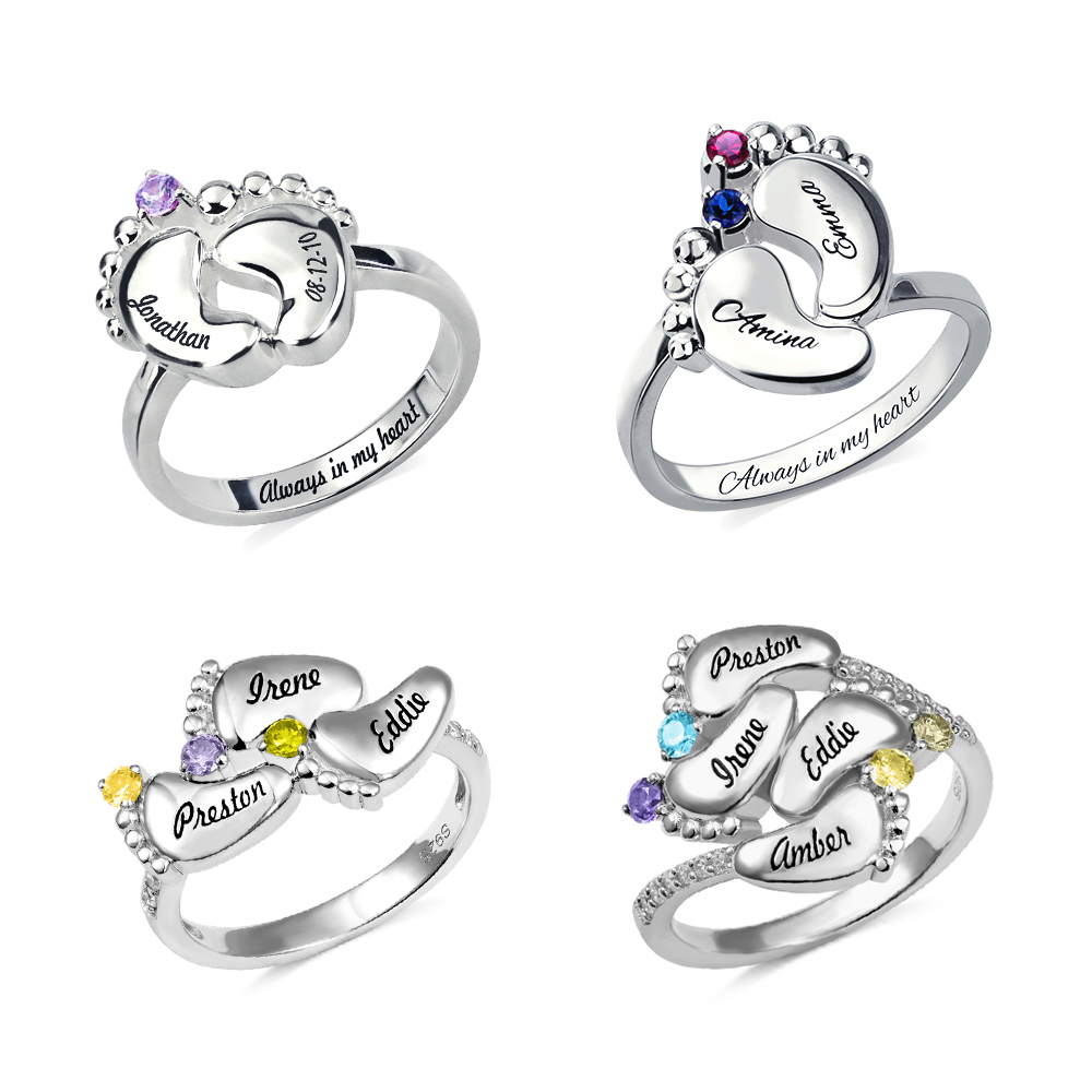 Engraved Baby Feet Ring With Birthstone