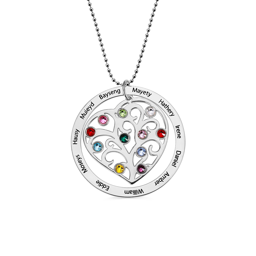 Collana personalizzata con pietra del parto dell'albero genealogico in argento