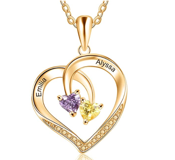 Personalized Heart Necklace with 2 Birthstones in 925 Sterling Silver, 14k Yellow Gold or Rose Gold Plated - immagine 3