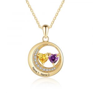 Moon Necklace Personalized with 2 Names and 2 Birthstones