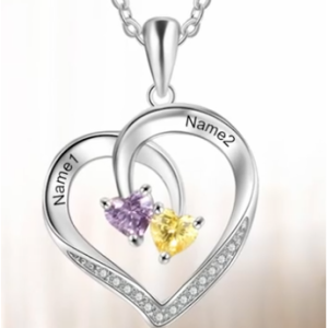 Personalized Heart Necklace with 2 Birthstones in 925 Sterling Silver, 14k Yellow Gold or Rose Gold Plated