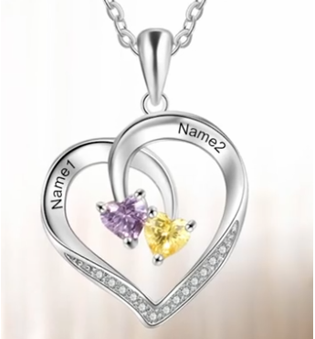 Personalized Heart Necklace with 2 Birthstones in 925 Sterling Silver, 14k Yellow Gold or Rose Gold Plated