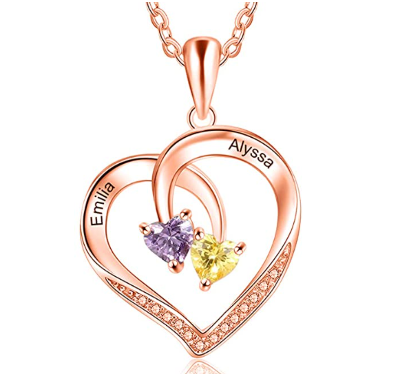 Personalized Heart Necklace with 2 Birthstones in 925 Sterling Silver, 14k Yellow Gold or Rose Gold Plated - immagine 4