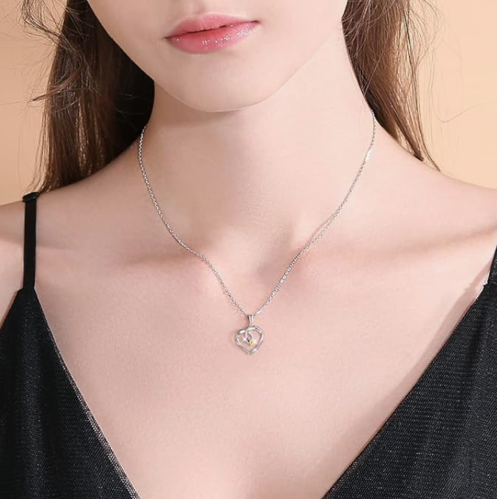 Personalized Heart Necklace with 2 Birthstones in 925 Sterling Silver, 14k Yellow Gold or Rose Gold Plated - immagine 12