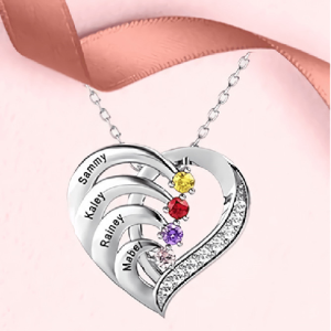 Personalized Sterling Silver Multi-Name Heart Necklace — Engravable with 2 to 4 Names, Adorned with Multiple Birthstones — The Perfect Gift for Mother's Day, Christmas, Valentine's Day, or Birthdays