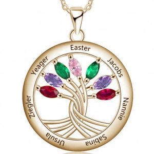 Family Necklace Personalized with 7 Engraved Names and 7 Custom Birthstones