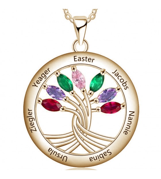 Family Necklace Personalized with 7 Engraved Names and 7 Custom Birthstones