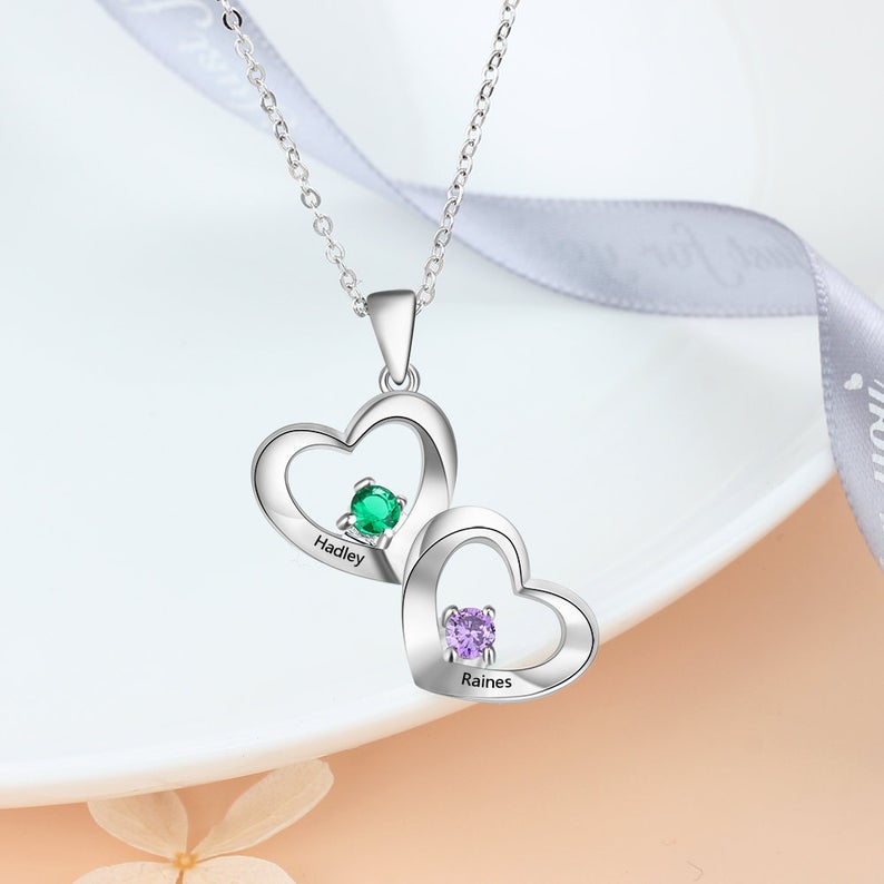 Couples Birthstone Necklace Personalized with 2 Names and 2 Birthstones - immagine 4