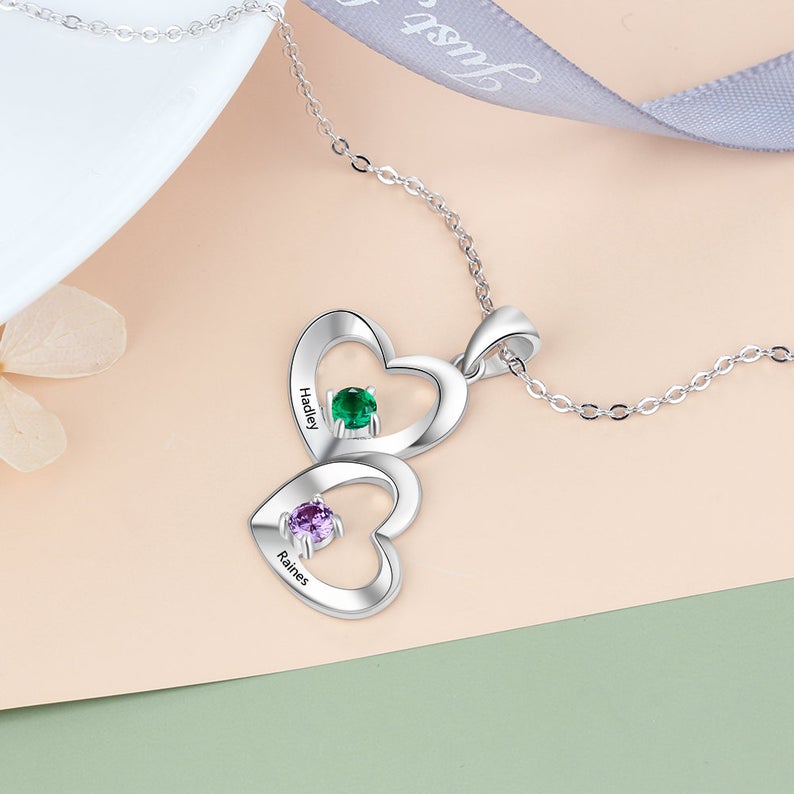 Couples Birthstone Necklace Personalized with 2 Names and 2 Birthstones - immagine 3