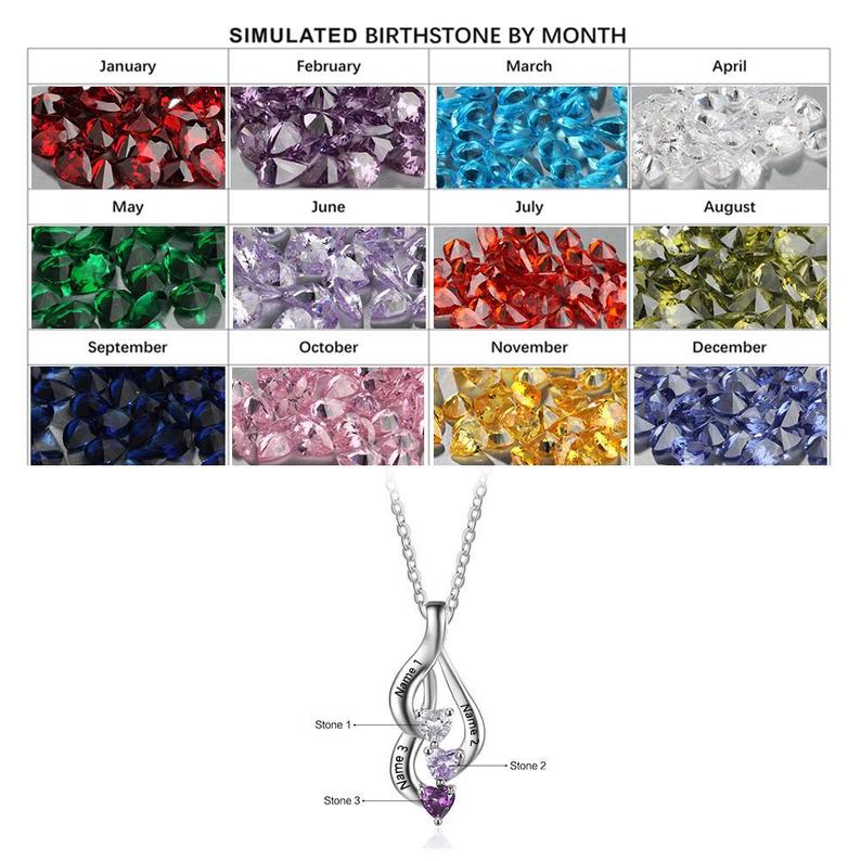 Sterling Silver Personalized Three Heart Birthstones and 2-3 Engraved Name Pendant Mother's Family Friends Pendant 16" Necklace - immagine 6