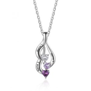 Sterling Silver Personalized Three Heart Birthstones and 2-3 Engraved Name Pendant Mother's Family Friends Pendant 16" Necklace