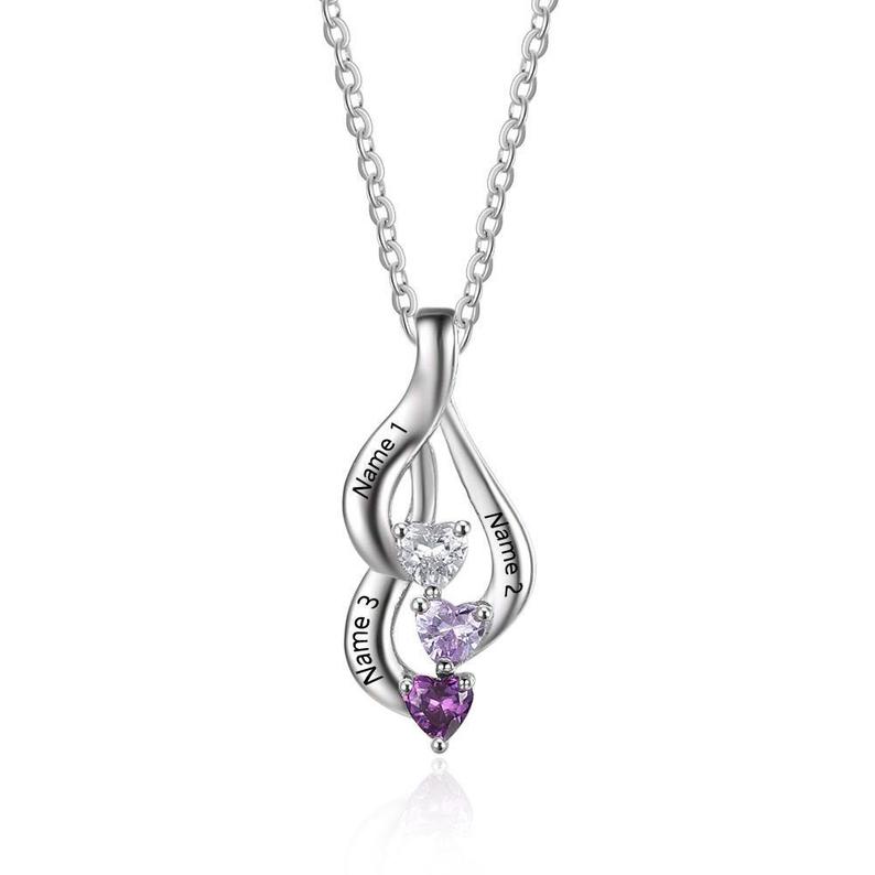 Sterling Silver Personalized Three Heart Birthstones and 2-3 Engraved Name Pendant Mother's Family Friends Pendant 16" Necklace