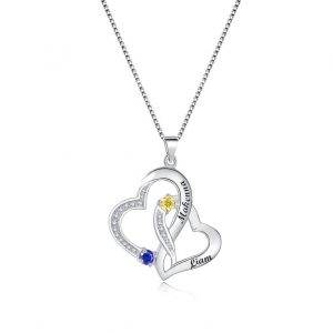 Personalized Birthstone Name Necklace Double Heart Necklace with 2 Names and 2 Birthstones Couple Pendants