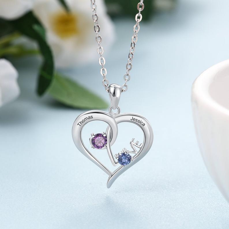 Personalized Couples Necklace with 2 Names and 2 Birthstones - immagine 6