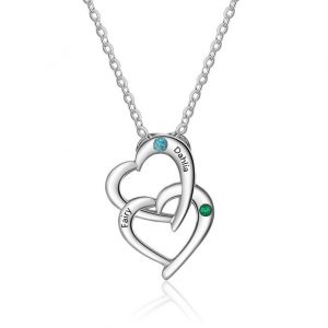 Personalized Double Hearts Pendant with 2 Names and 2 Birthstones | Couples Necklace