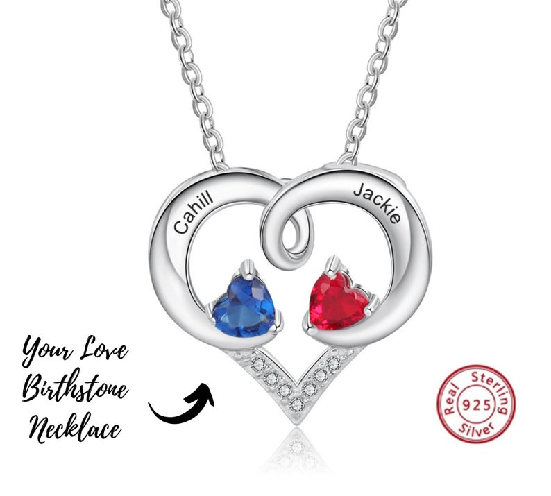 Heart Sterling Silver Necklace, Personalized Birthstone Necklace, Custom Girlfriend Necklace - immagine 2