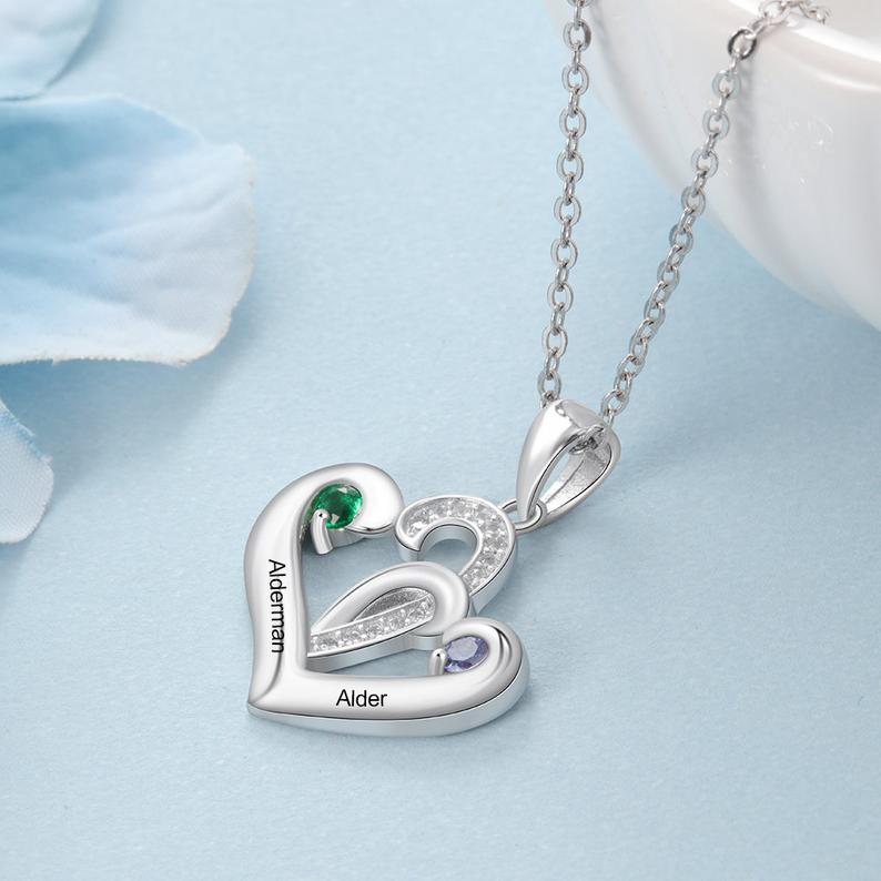 Personalized Birthstone Necklace , Custom Birthstone Heart Necklace, Valentines Day Gift for Her - immagine 7