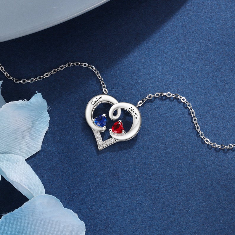 Heart Sterling Silver Necklace, Personalized Birthstone Necklace, Custom Girlfriend Necklace - immagine 5