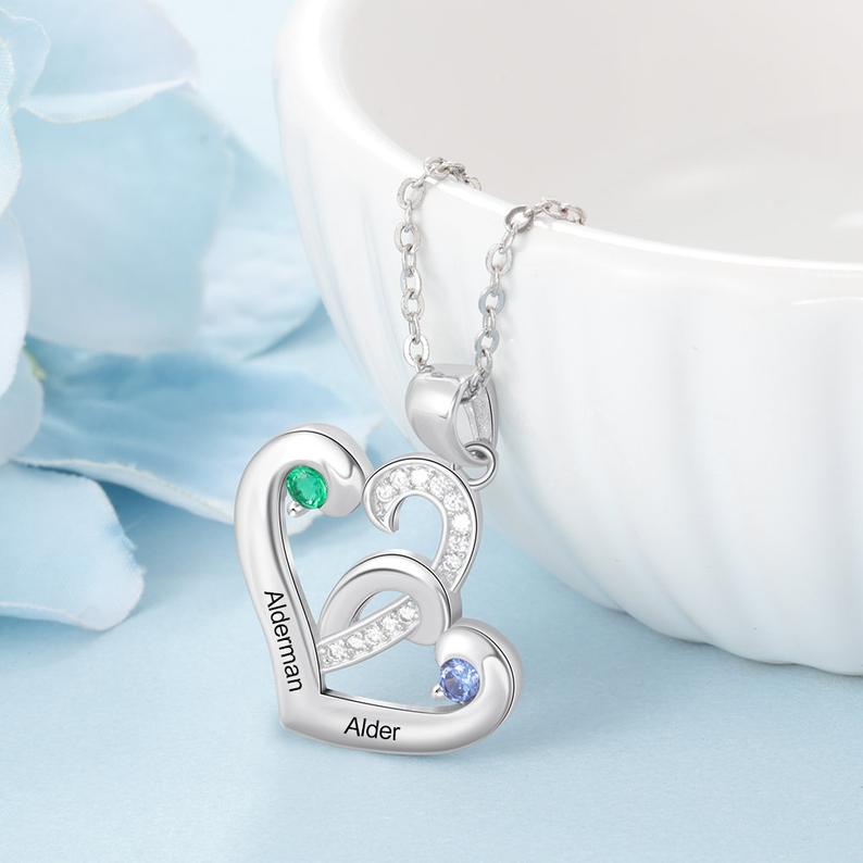 Personalized Birthstone Necklace , Custom Birthstone Heart Necklace, Valentines Day Gift for Her - immagine 6
