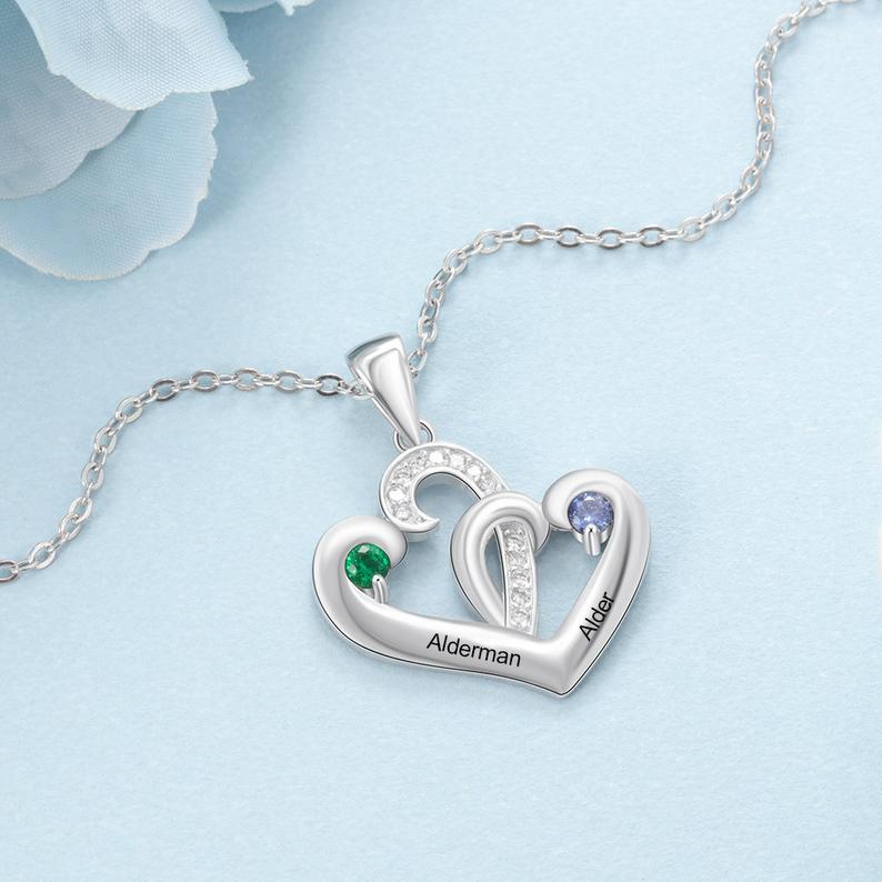 Personalized Birthstone Necklace , Custom Birthstone Heart Necklace, Valentines Day Gift for Her - immagine 5