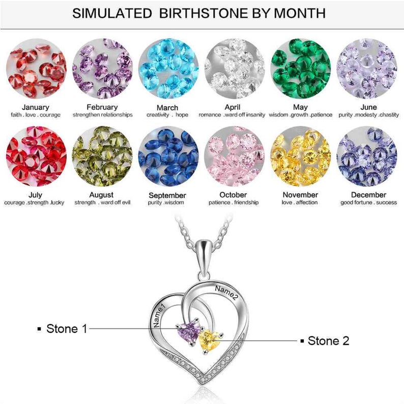 Personalized Heart Necklace with 2 Birthstones in 925 Sterling Silver, 14k Yellow Gold or Rose Gold Plated - immagine 7