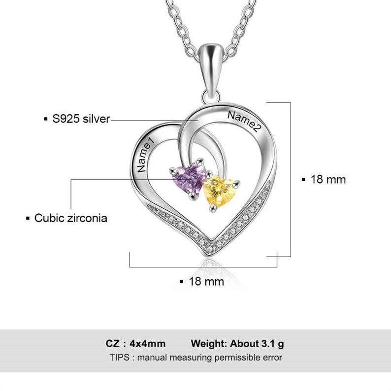Personalized Heart Necklace with 2 Birthstones in 925 Sterling Silver, 14k Yellow Gold or Rose Gold Plated - immagine 5