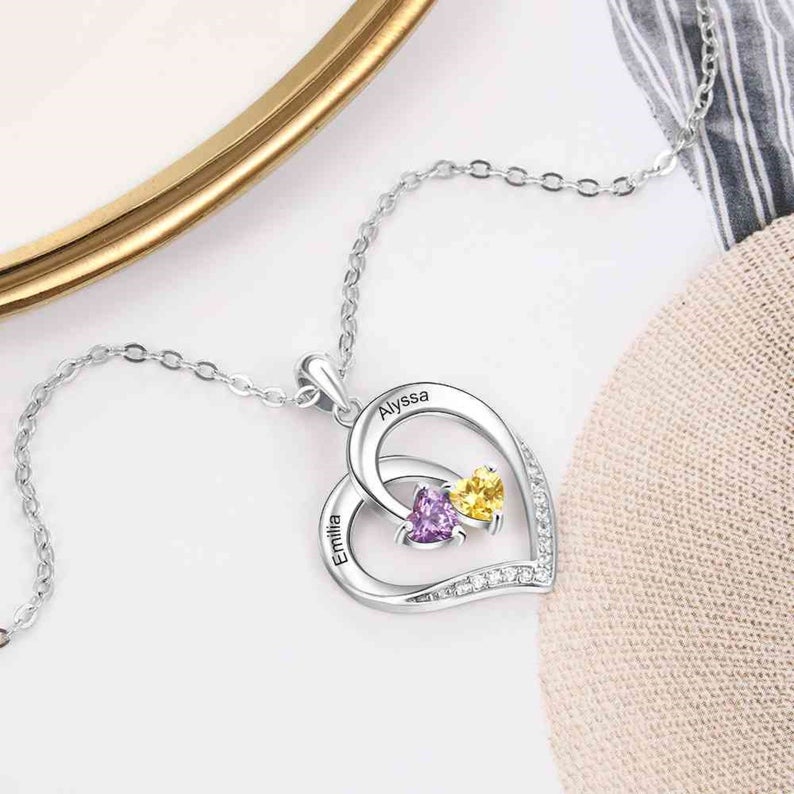 Personalized Heart Necklace with 2 Birthstones in 925 Sterling Silver, 14k Yellow Gold or Rose Gold Plated - immagine 6