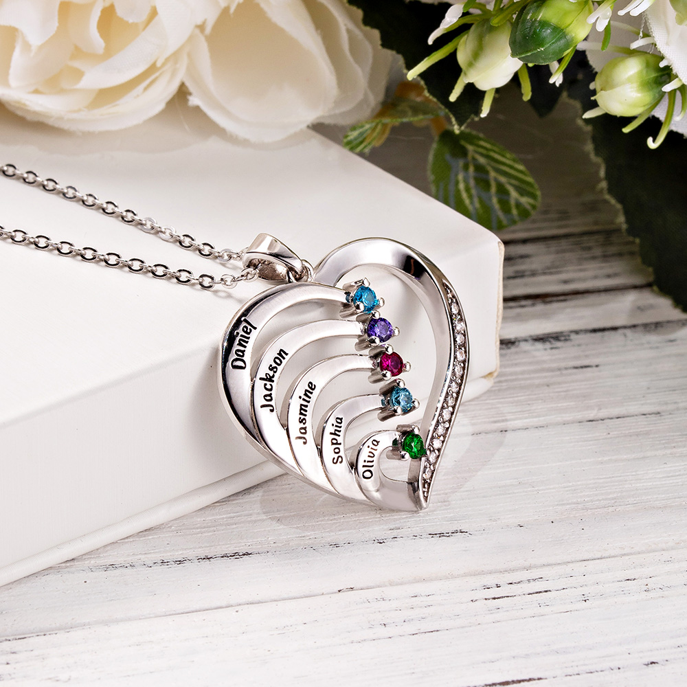 Personalized sterling silver family heart necklace with custom name and birthstone design – a commemorative gift to cherish - Image 9