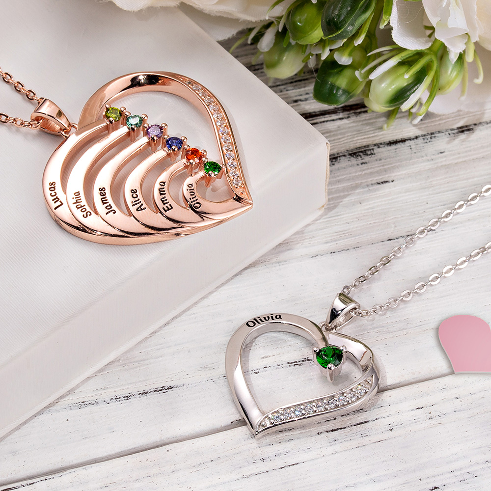 Personalized sterling silver family heart necklace with custom name and birthstone design – a commemorative gift to cherish - Image 10