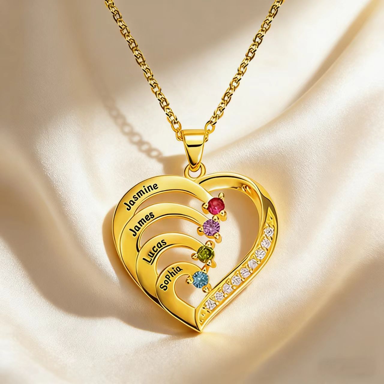 Personalized sterling silver family heart necklace with custom name and birthstone design – a commemorative gift to cherish - Image 11
