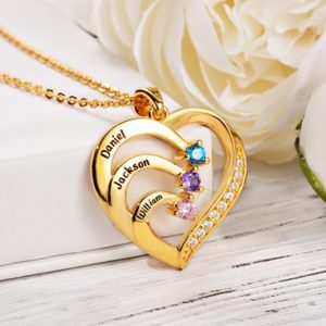 Personalized sterling silver family heart necklace with custom name and birthstone design – a commemorative gift to cherish